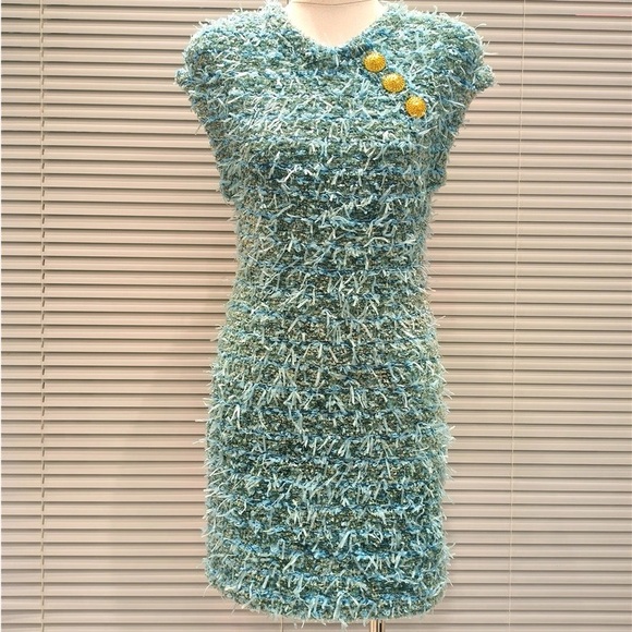 Elegant Mint Green Metallic Tweed Mini Dress